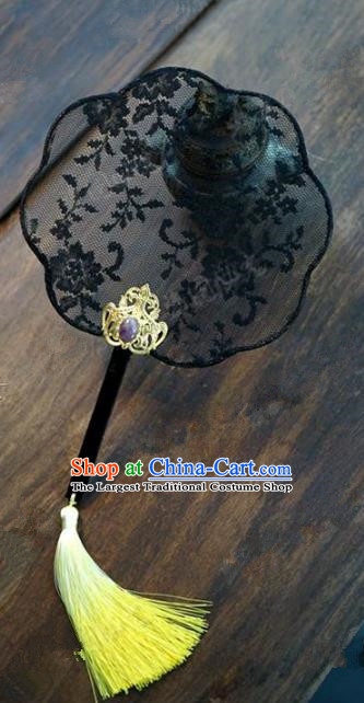 Top Grade Chinese Handmade Black Lace Palace Fans Ancient Wedding Round Fans for Women