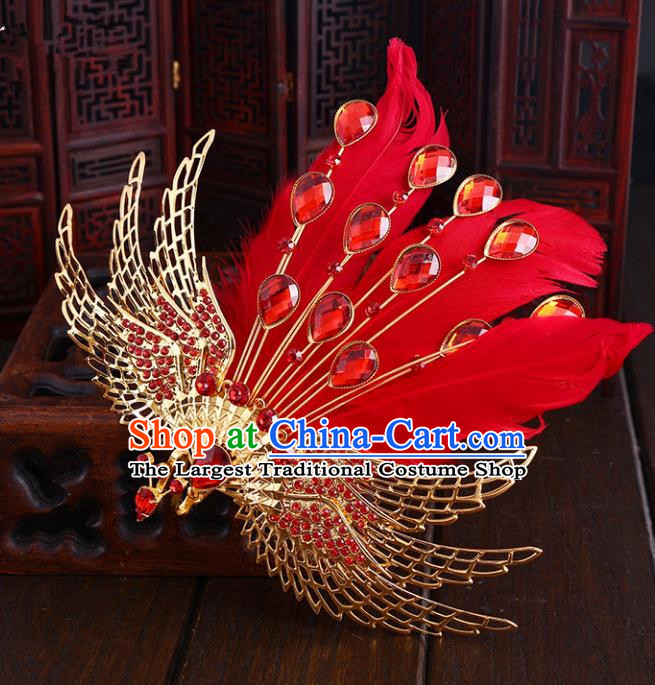 Chinese Ancient Handmade Red Feather Phoenix Hair Comb Hairpins Bride Hair Accessories Headwear for Women