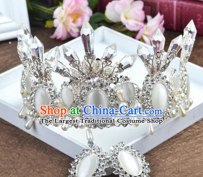 Handmade Baroque Queen White Crystal Royal Crown Wedding Bride Hair Jewelry Accessories for Women