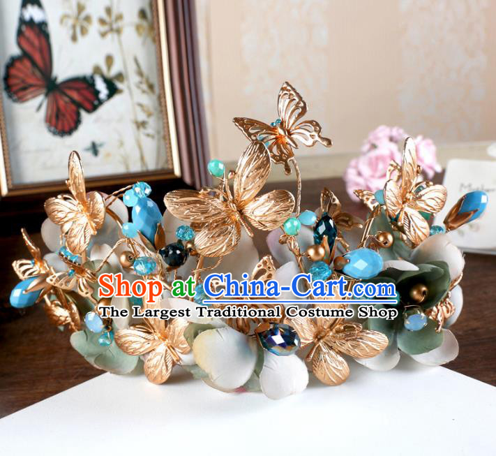 Top Grade Handmade Baroque Golden Butterfly Royal Crown Wedding Bride Hair Jewelry Accessories for Women