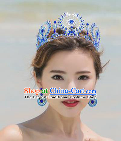 Top Grade Handmade Baroque Blue Crystal Royal Crown and Earrings Wedding Bride Hair Jewelry Accessories for Women