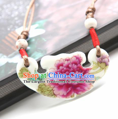 Top Grade Chinese Handmade Printing Peony Jingdezhen Ceramics Necklace for Women
