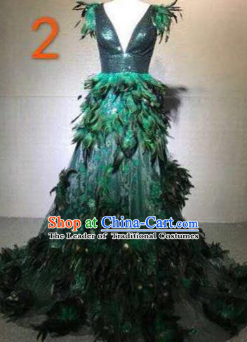 Top Grade Catwalks Costume Stage Performance Model Show Customized Green Feather Dress for Women