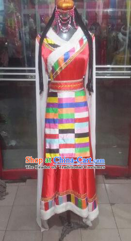 Chinese Traditional Tibetan Folk Dance Costume China Zang Nationality Red Dress for Women