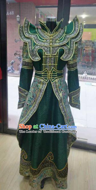 Chinese Traditional Mongolian Folk Dance Green Dress China Mongol Nationality Bride Costume for Women