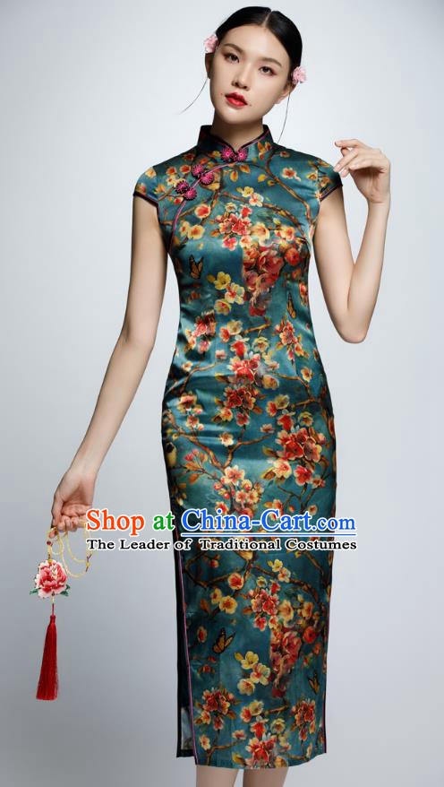 Chinese Traditional Printing Green Cheongsam China National Costume Qipao Dress for Women