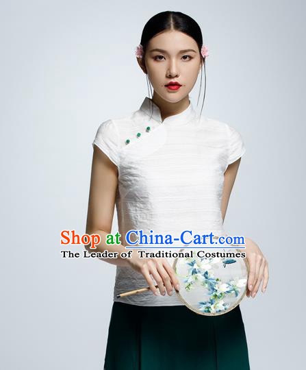 Chinese Traditional Costume White Cheongsam Blouse China National Upper Outer Garment Shirt for Women