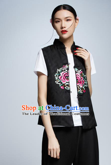 Chinese Traditional Costume Black Cheongsam Vest China National Upper Outer Garment Waistcoat for Women