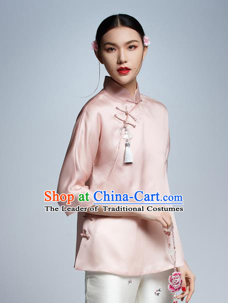 Chinese Traditional Costume Pink Silk Cheongsam Blouse China National Upper Outer Garment Shirt for Women