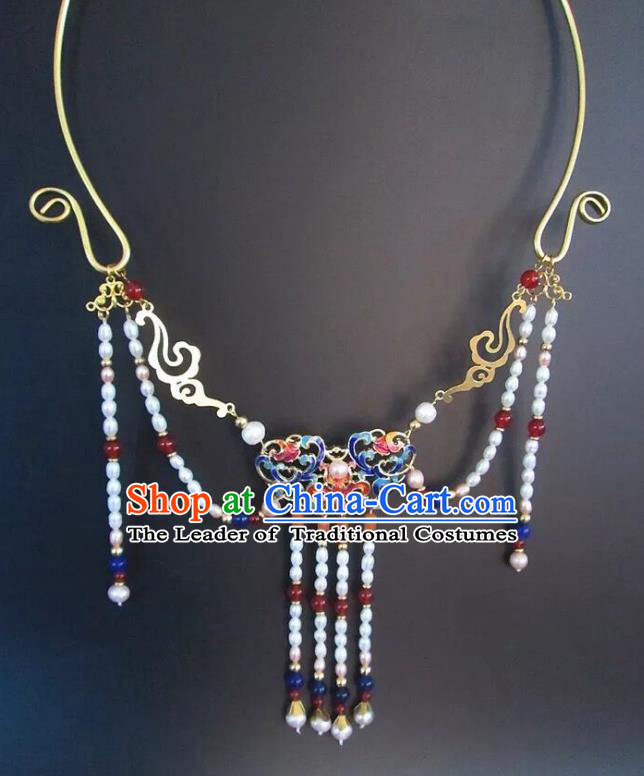 Chinese Traditional Jewelry Accessories Ancient Hanfu Blueing Pearls Tassel Necklace for Women
