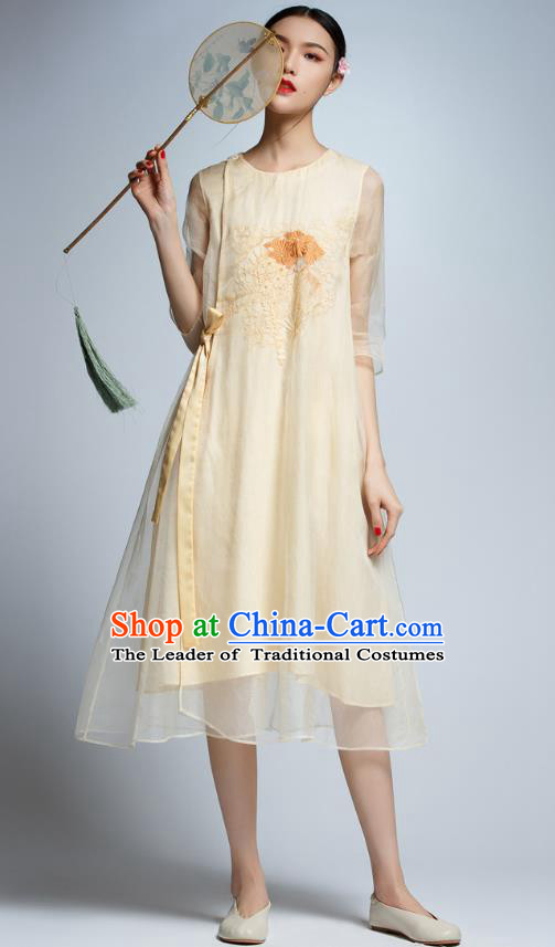 Chinese Traditional Embroidered Organza Yellow Cheongsam China National Costume Tang Suit Qipao Dress for Women