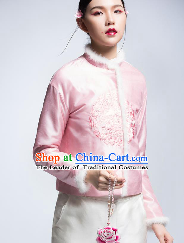 Chinese Traditional Tang Suit Pink Cotton-Padded Jacket China National Upper Outer Garment Cheongsam Shirt for Women