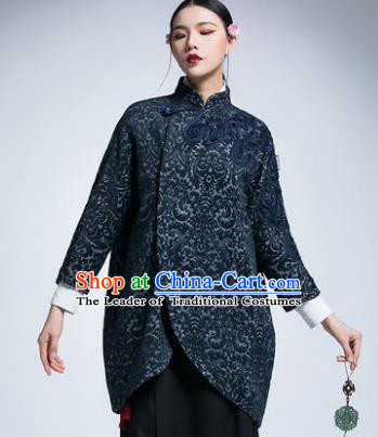 Chinese Traditional Tang Suit Navy Jacket China National Upper Outer Garment Cheongsam Coat for Women