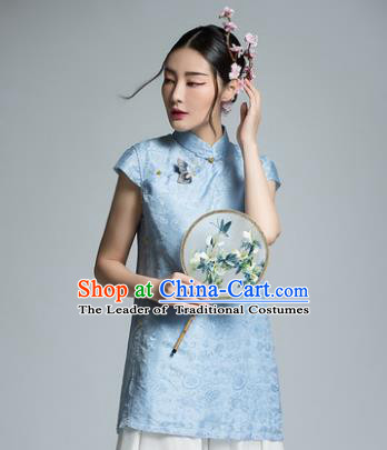 Chinese Traditional Tang Suit Blue Blouse China National Upper Outer Garment Shirt for Women