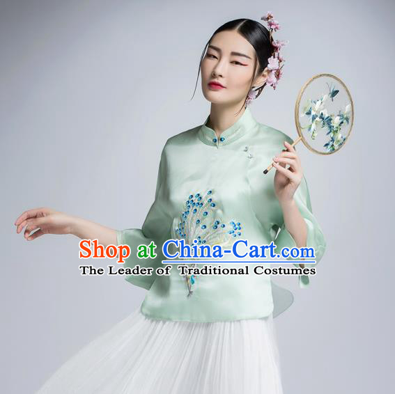 Chinese Traditional Tang Suit Green Silk Blouse China National Upper Outer Garment Shirt for Women