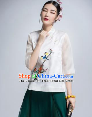 Chinese Traditional Tang Suit White Silk Blouse China National Upper Outer Garment Shirt for Women