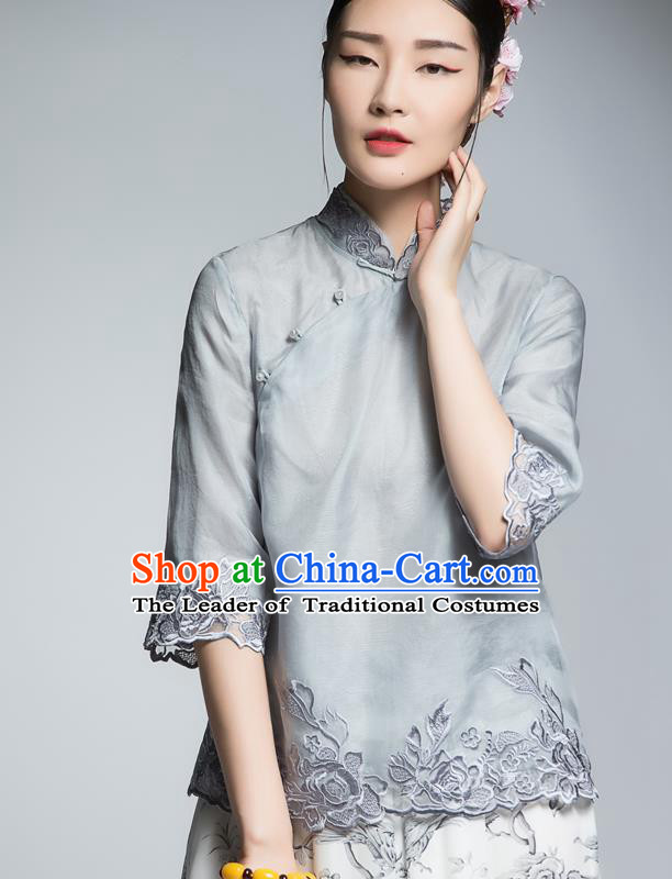 Chinese Traditional Tang Suit Embroidered Grey Blouse China National Upper Outer Garment Shirt for Women
