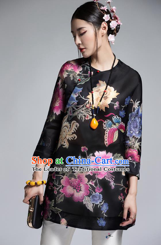 Chinese Traditional Tang Suit Printing Black Blouse China National Upper Outer Garment Shirt for Women