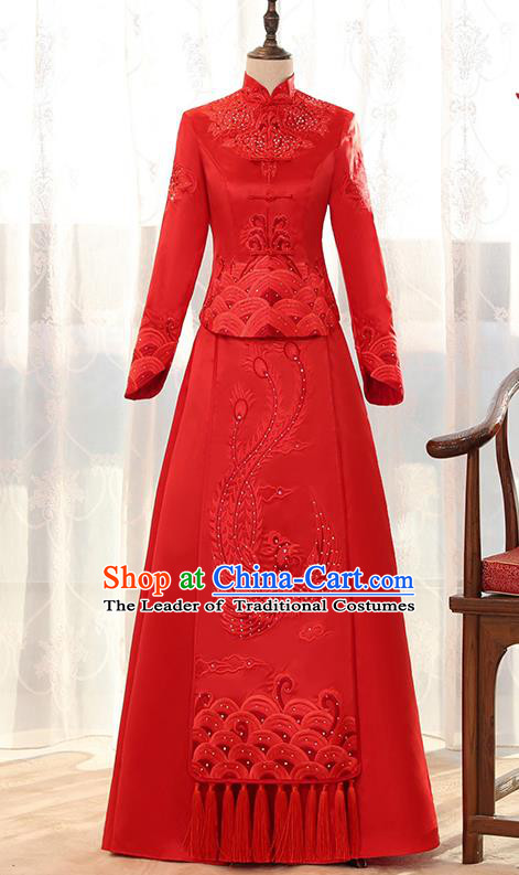 Traditional Chinese Ancient Red Bottom Drawer Embroidered Diamante Phoenix Xiuhe Suit Wedding Dress Toast Cheongsam for Women