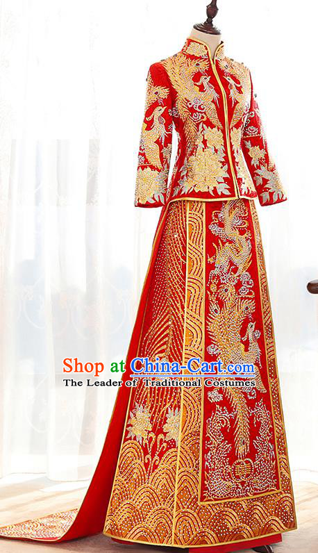 Traditional Chinese Ancient Red Trailing Bottom Drawer Embroidered Diamante Xiuhe Suit Wedding Dress Toast Cheongsam for Women