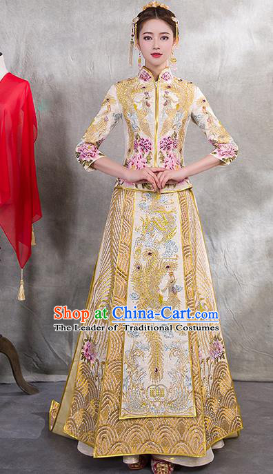 Traditional Chinese Ancient Diamante Yellow Bottom Drawer Embroidered Phoenix Xiuhe Suit Wedding Dress Toast Cheongsam for Women