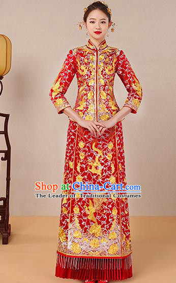 Traditional Chinese Ancient Red Toast Cheongsam Embroidered Dragon Phoenix Bottom Drawer Xiuhe Suit Wedding Dress for Women