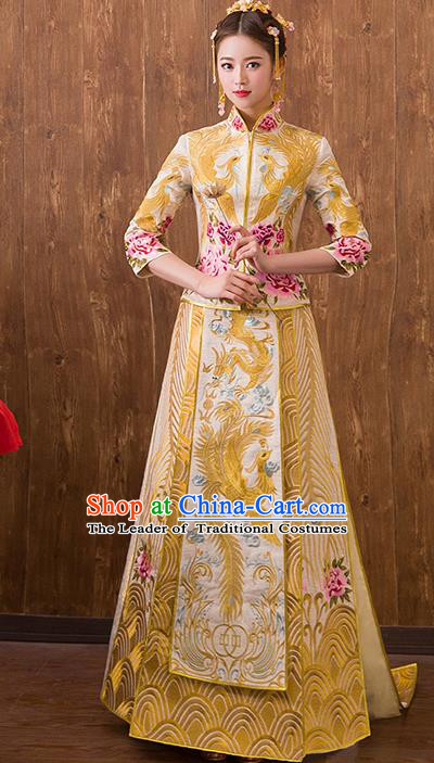 Traditional Chinese Ancient Trailing Yellow Bottom Drawer Embroidered Peony Xiuhe Suit Wedding Dress Toast Cheongsam for Women