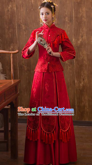 Traditional Chinese Ancient Red Bottom Drawer Embroidered Xiuhe Suit Wedding Dress Toast Cheongsam for Women