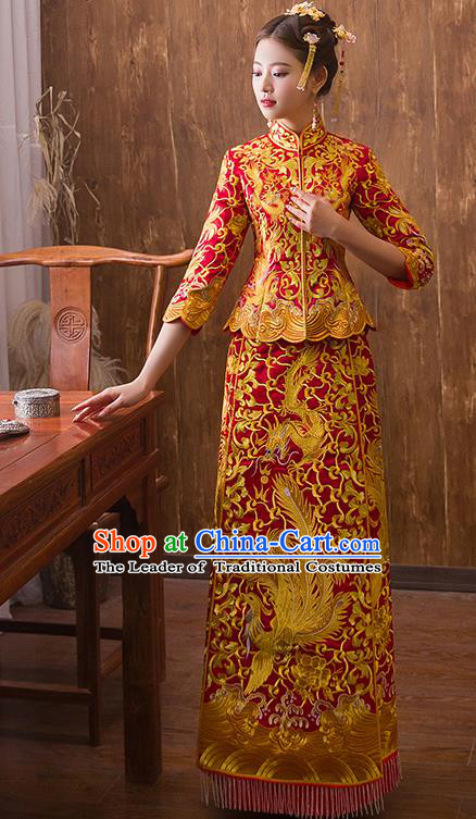 Traditional Chinese Ancient Red Bottom Drawer Embroidered Dragon Phoenix Xiuhe Suit Wedding Dress Toast Cheongsam for Women