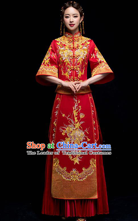 Chinese Traditional Wedding Embroidered Chrysanthemum Dress Ancient Bride Xiuhe Suit Clothing for Women