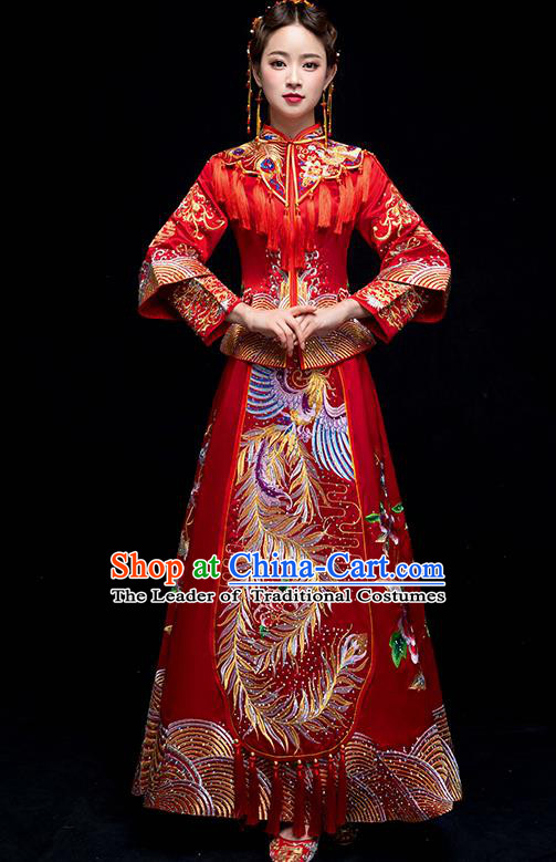 Chinese Traditional Wedding Red Embroidered Phoenix Peony Costume Ancient Bride Xiuhe Suit Clothing for Women