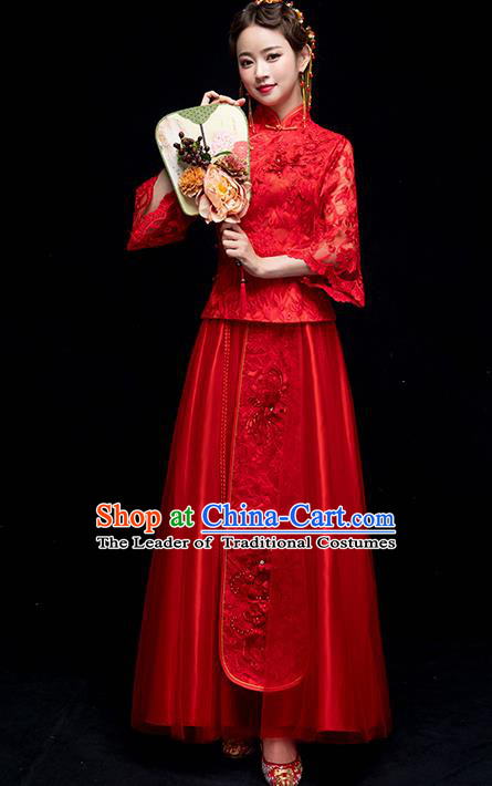 Chinese Traditional Wedding Embroidered Red Lace Costume Ancient Bride Xiuhe Suit Clothing for Women