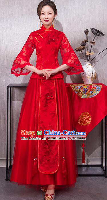 Chinese Traditional Wedding Bridal Embroidered Lace Xiuhe Suit Ancient Bride Red Cheongsam for Women
