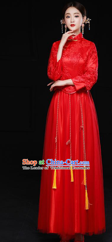 Chinese Traditional Red Lace Xiuhe Suit Longfeng Flown Ancient Bottom Drawer Wedding Dress for Women