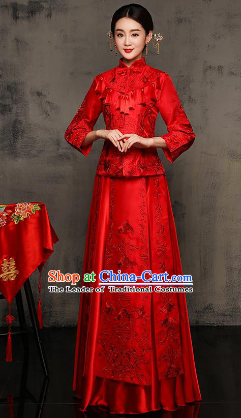 Chinese Traditional Xiuhe Suit Toast Cheongsam Ancient Embroidered Phoenix Bottom Drawer Wedding Dress for Women