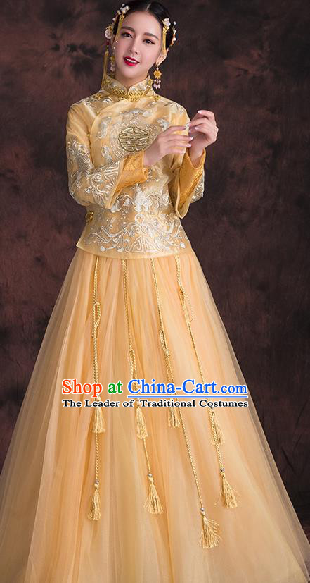 Chinese Traditional Xiuhe Suit Embroidered Yellow Longfeng Flown Ancient Bottom Drawer Wedding Dress for Women