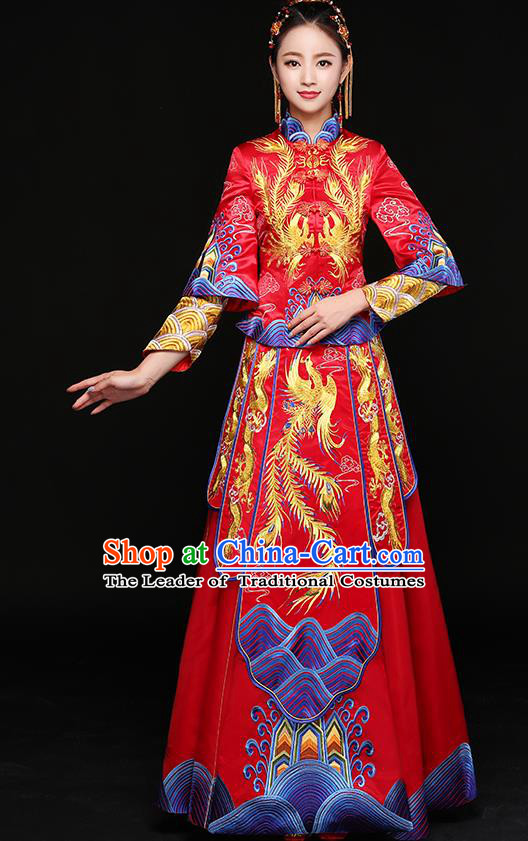 Chinese Traditional Embroidered Xiuhe Suit Ancient Phoenix Bottom Drawer Wedding Dress for Women