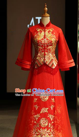 Chinese Traditional Bride Xiuhe Suit Ancient Longfeng Flown Embroidered Wedding Cheongsam Veil Dress for Women