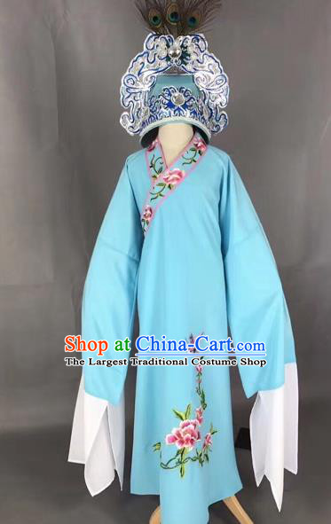 Chinese Traditional Beijing Opera Children Blue Robe Peking Opera Niche Costume and Hat for Kids