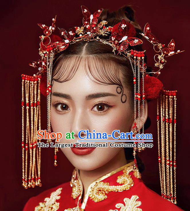 Chinese Ancient Hanfu Wedding Red Butterfly Phoenix Coronet Hair Accessories Traditional Hairpins for Women