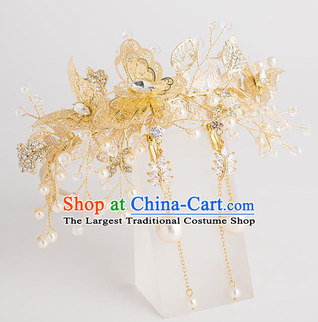 Top Grade Bride Wedding Hair Accessories Golden Butterfly Pearls Hair Clasp for Women