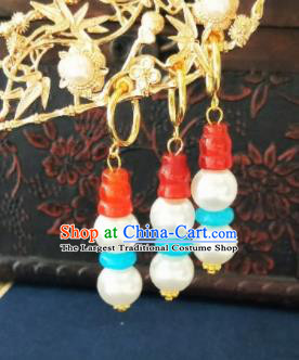 Chinese Ancient Agate White Beads Earrings Qing Dynasty Manchu Palace Lady Three Strings Ear Accessories for Women