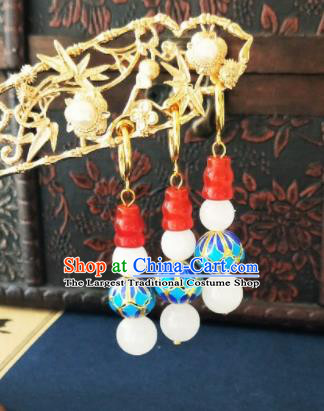 Chinese Ancient Three Strings Blueing Beads Earrings Qing Dynasty Manchu Palace Lady Ear Accessories for Women