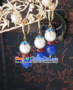 Chinese Ancient Earrings Qing Dynasty Manchu Palace Lady Three Strings Cloisonne Blue Beads Ear Accessories for Women