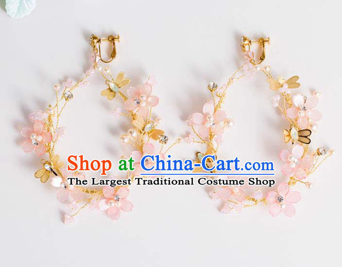 Top Grade Chinese Bride Wedding Accessories Pink Flowers Earrings for Women