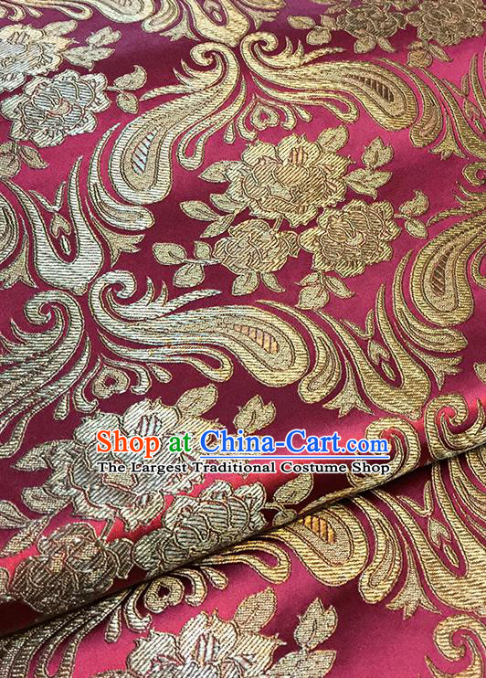 Asian Chinese Wine Red Brocade Traditional Peony Pattern Fabric Silk Fabric Chinese Fabric Material