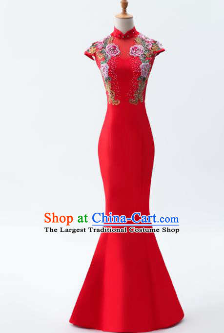 Chinese Traditional National Cheongsam Compere Costume Red Full Dress for Women