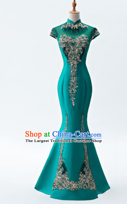 Chinese Traditional National Wedding Cheongsam Compere Chorus Costume Green Full Dress for Women