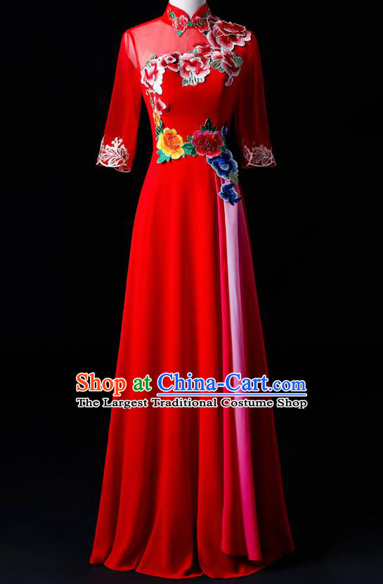 Chinese Traditional National Red Cheongsam Compere Chorus Costume Folk Dance Full Dress for Women