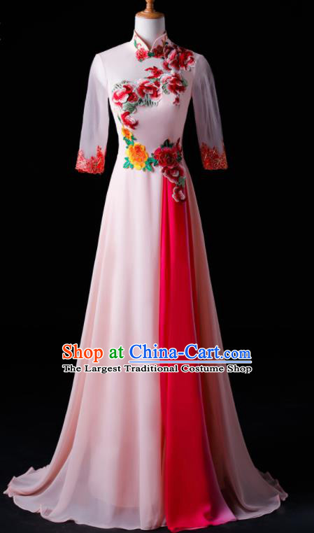 Chinese Traditional National Pink Cheongsam Compere Chorus Costume Folk Dance Full Dress for Women